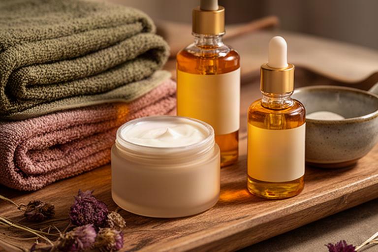 Crema nutriente e oli da massaggio su un vassoio in legno per un rituale dopo il freddo