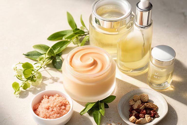 Texture di scrub e maschera illuminante accanto a prodotti per preparare la pelle al sole