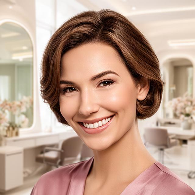 Donna sorridente con capelli ordinati nel luminoso salone beauty di Lucca