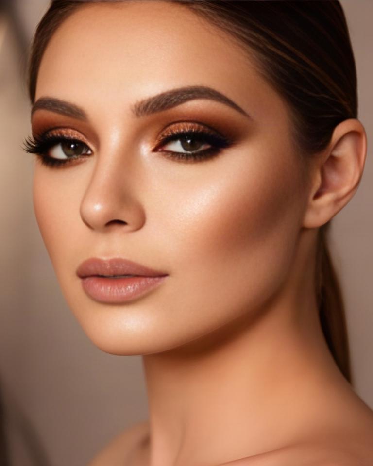 Trucco da cerimonia su modella con occhi sfumati nei toni bronzo e ciglia definite